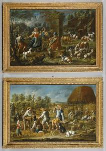 Jacob Roos detto Rosa da Napoli (Roma 1682 Napoli 1730) Scene di vita con personaggi e animali, copia di oli su tela